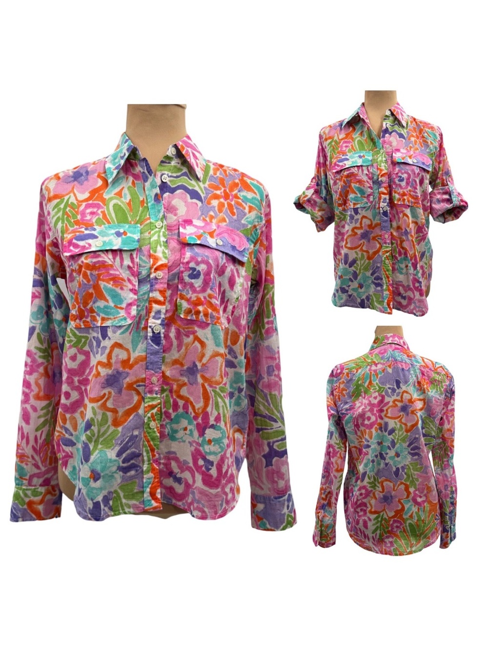 Lauren Ralph Lauren Floral Watercolor Button Up Top Blouse Roll Tab Sleeve XL